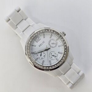 Relic Watch Women 38MM White Dial‎ Day Date White Band 6" Wrist New Battery